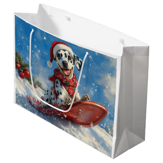 Dalmatian Dog in Sledge Let it Snow Christmas Large Gift Bag (Front Angled)