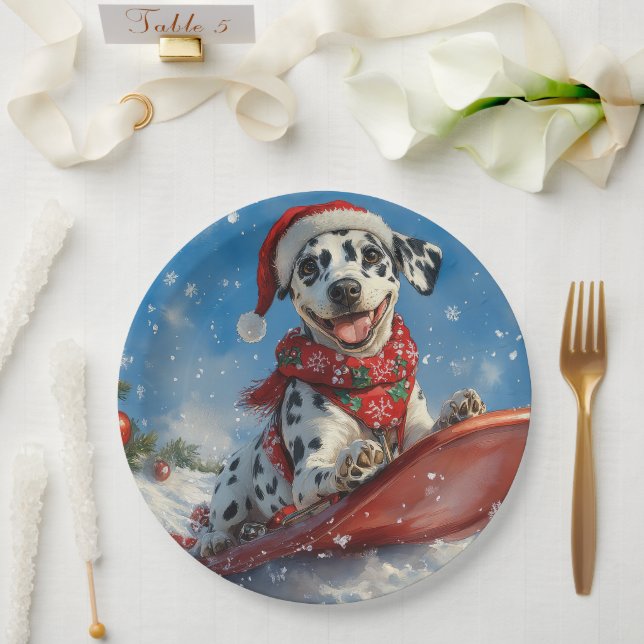 Dalmatian Dog in Sledge Let it Snow Christmas Paper Plates (Wedding)
