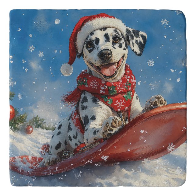 Dalmatian Dog in Sledge Let it Snow Christmas Trivet (Front)