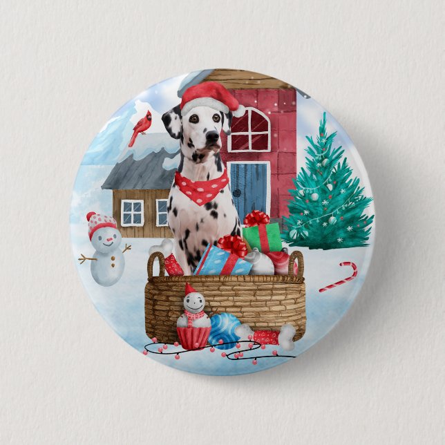 Dalmatian Dog In snow Christmas Dog House Button (Front)