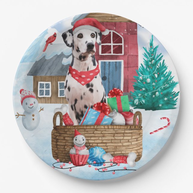 Dalmatian Dog In snow Christmas Dog House Paper Plates (Front)