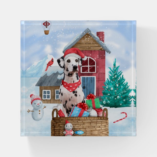 Dalmatian Dog In snow Christmas Dog House Paperweight (Front)