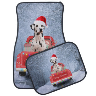 Dalmatian Dog in Snow sitting in Christmas Truck Car Floor Mat