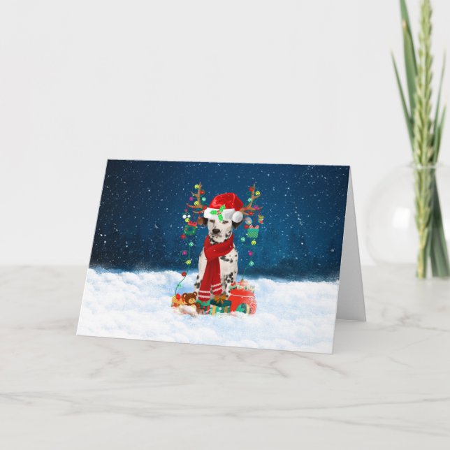 Dalmatian Dog in Snow with Christmas Gifts Card (Front)