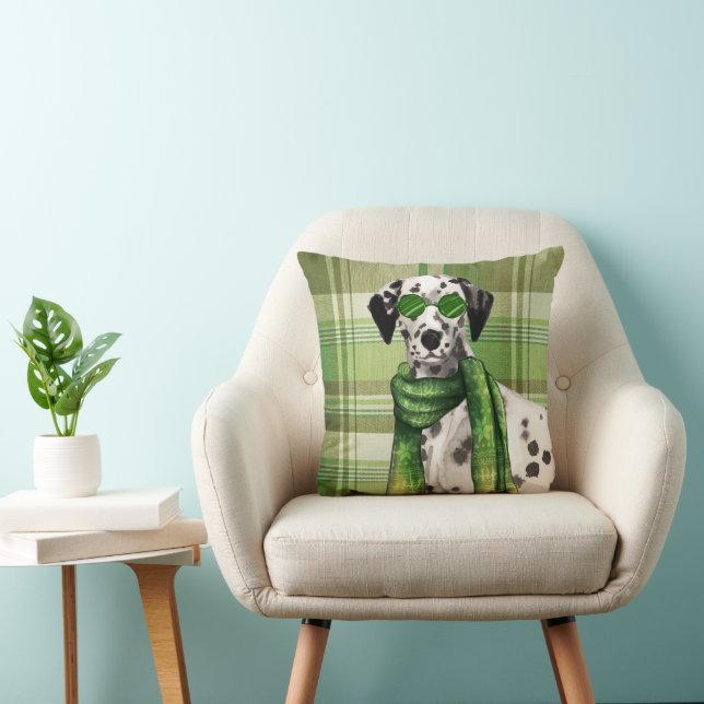 Dalmatian Dog in Sunglasses and Green Plaid  Throw Pillow (Chair)
