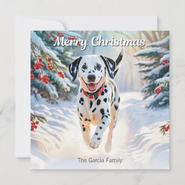 Dalmatian Dog In Winter Snow Modern Christmas Holiday Card (Front)