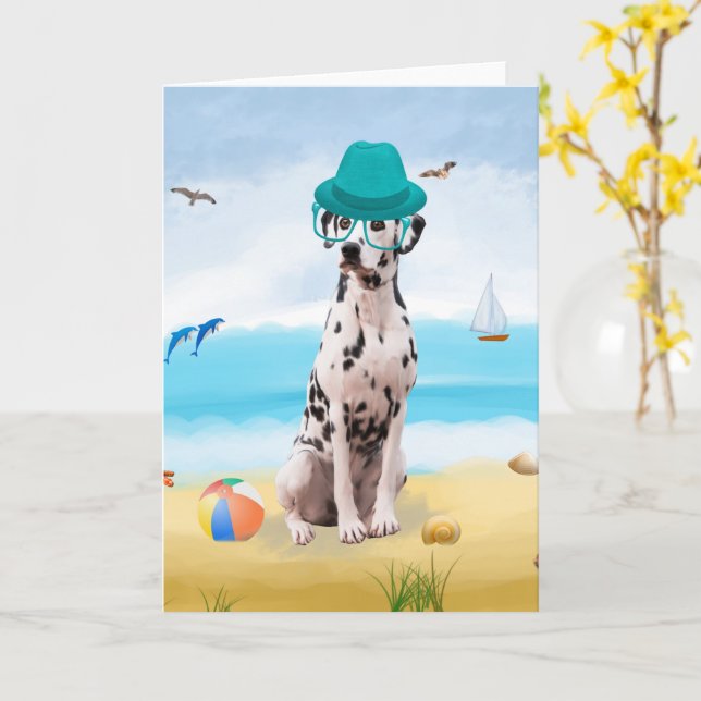 Dalmatian Dog on Beach  Card (Yellow Flower)