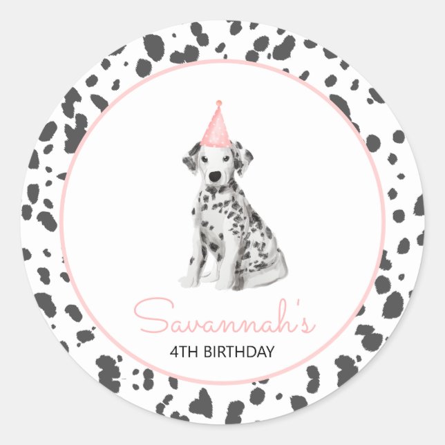 Dalmatian Dog Pink Guest Birthday party favor Classic Round Sticker (Front)