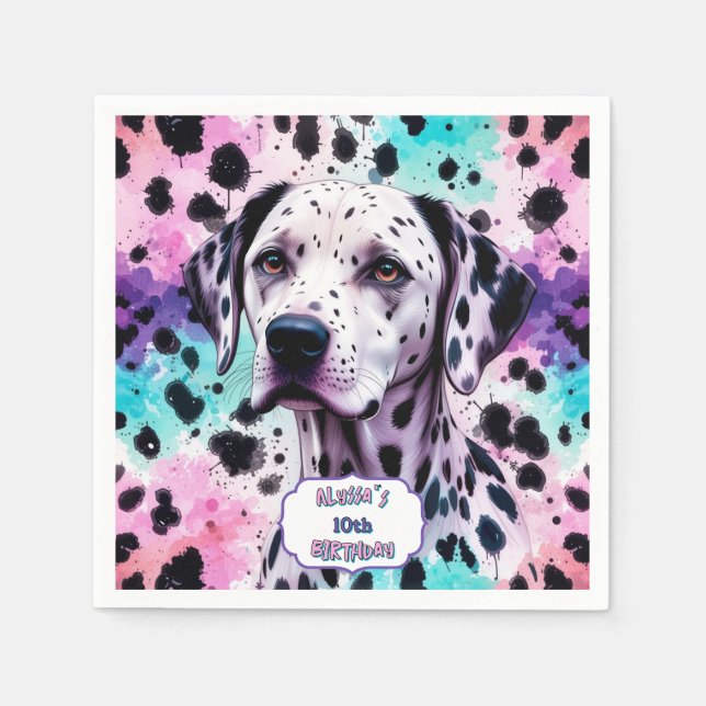 Dalmatian Dog Pink Purple Turquoise Birthday Napkins (Front)