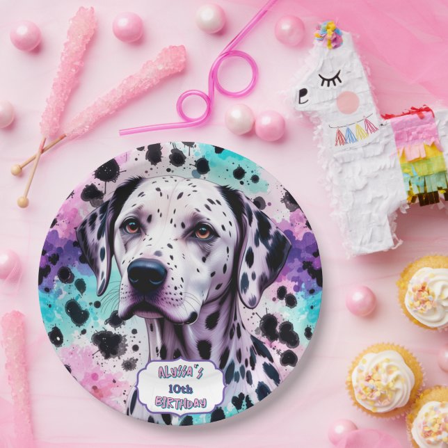 Dalmatian Dog Pink Purple Turquoise Birthday Paper Plates (Party)