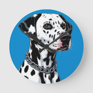 Dalmatian Dog Portrait Against Blue Background Round Clock