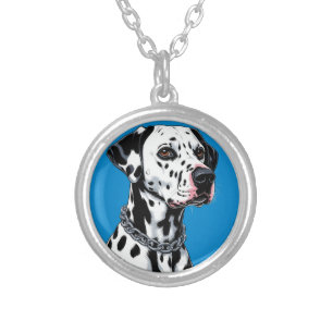 Dalmatian Dog Portrait Against Blue Background Silver Plated Necklace