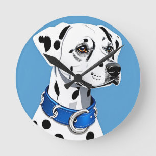 Dalmatian Dog Portrait With Blue Collar Round Clock