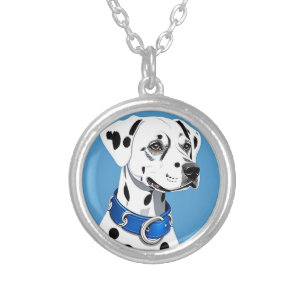 Dalmatian Dog Portrait With Blue Collar Silver Plated Necklace