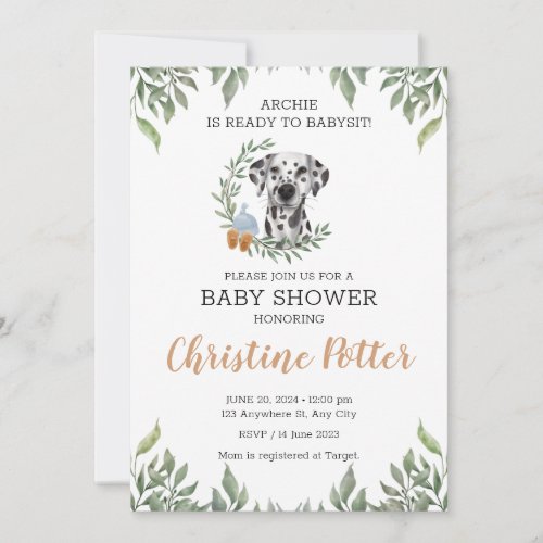 Dalmatian Dog Puppy Greenery Boho Baby Shower Invitation