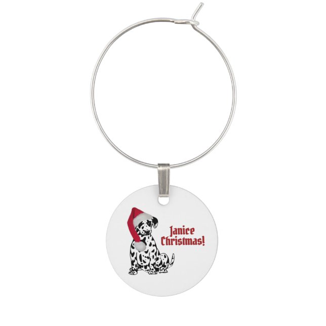 Dalmatian Dog Red Stocking Cap Custom Text Names Wine Charm (Front)