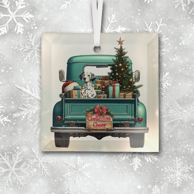 Dalmatian Dog Retro Truck Christmas Glass Ornament (Creator Uploaded)