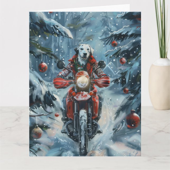 Dalmatian Dog Riding Motorcycle Christmas Card (Front)