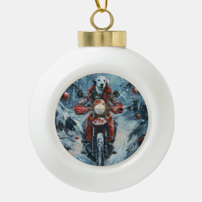 Dalmatian Dog Riding Motorcycle Christmas Ceramic Ball Christmas Ornament (Front)