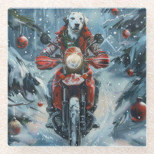 Dalmatian Dog Riding Motorcycle Christmas Glass Coaster