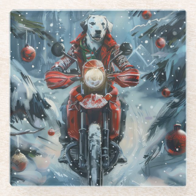 Dalmatian Dog Riding Motorcycle Christmas Glass Coaster (Front)