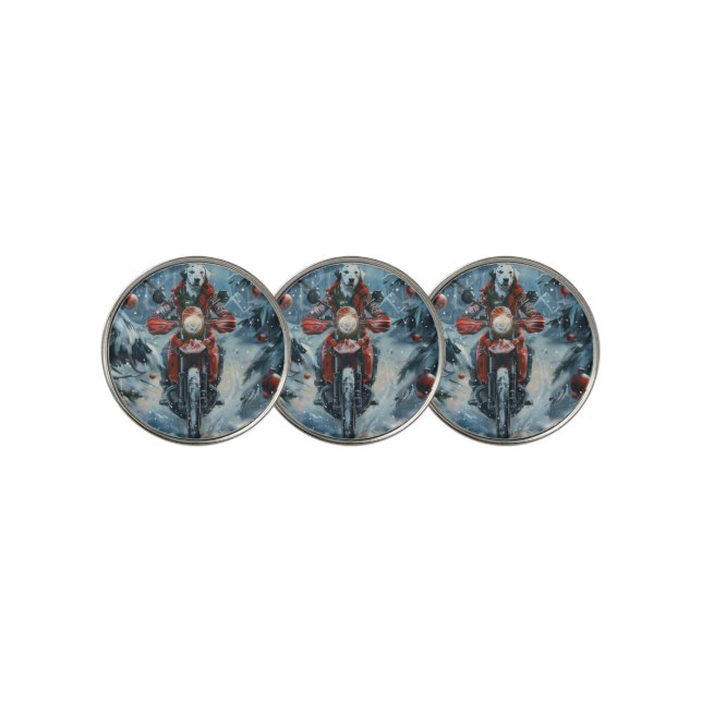 Dalmatian Dog Riding Motorcycle Christmas Golf Ball Marker (3 Up)