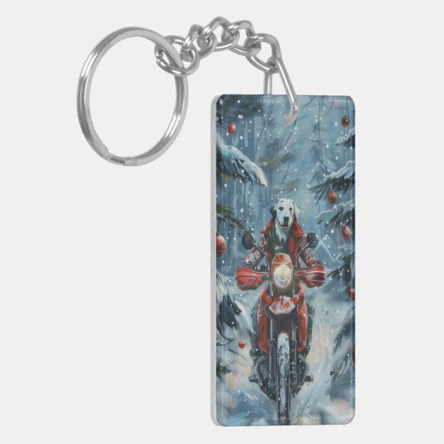 Dalmatian Dog Riding Motorcycle Christmas Keychain (Front Left)