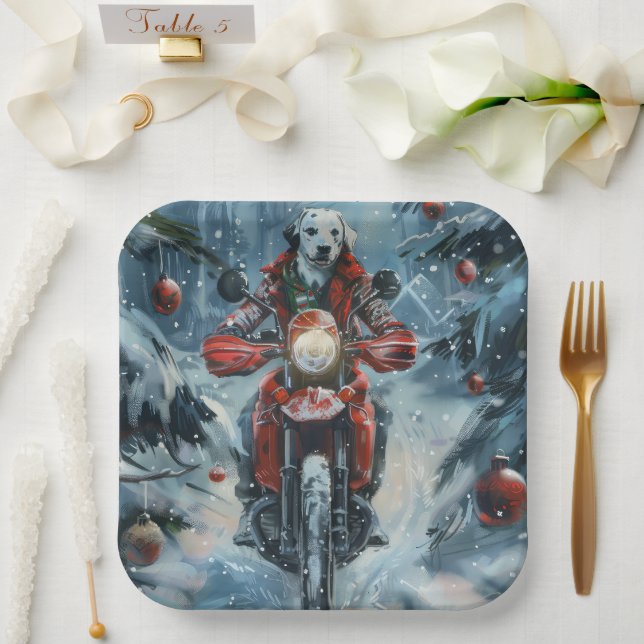 Dalmatian Dog Riding Motorcycle Christmas Paper Plates (Wedding)