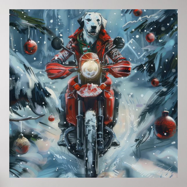 Dalmatian Dog Riding Motorcycle Christmas Poster (Front)