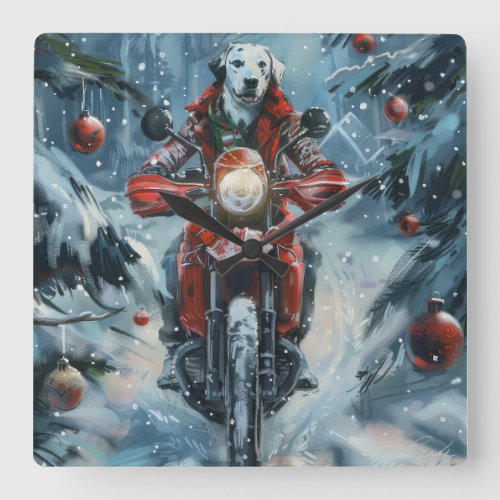 Dalmatian Dog Riding Motorcycle Christmas Square Wall Clock