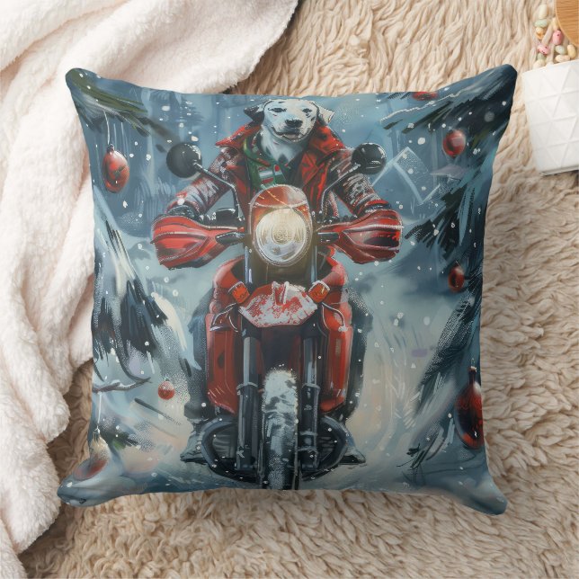 Dalmatian Dog Riding Motorcycle Christmas Throw Pillow (Blanket)