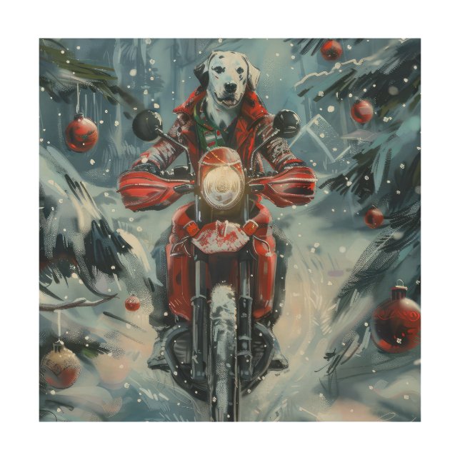 Dalmatian Dog Riding Motorcycle Christmas Wood Wall Art (Front)