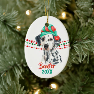 Dalmatian Dog Santa Hat Holiday String Beads Ceramic Ornament
