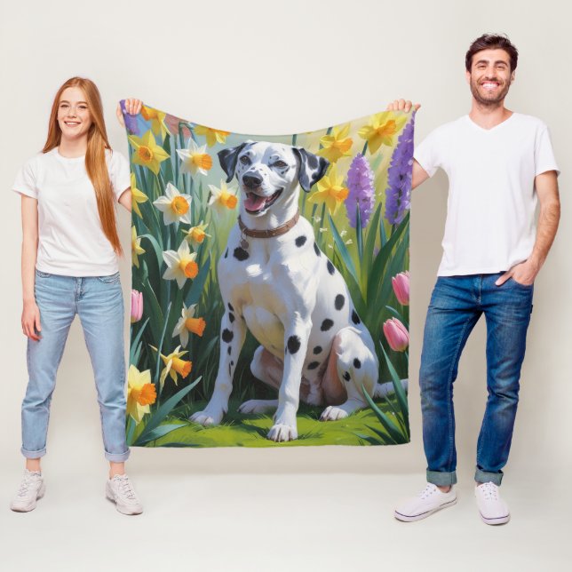 Dalmatian Dog Spring Flowers Painting Fleece Blanket (In Situ)