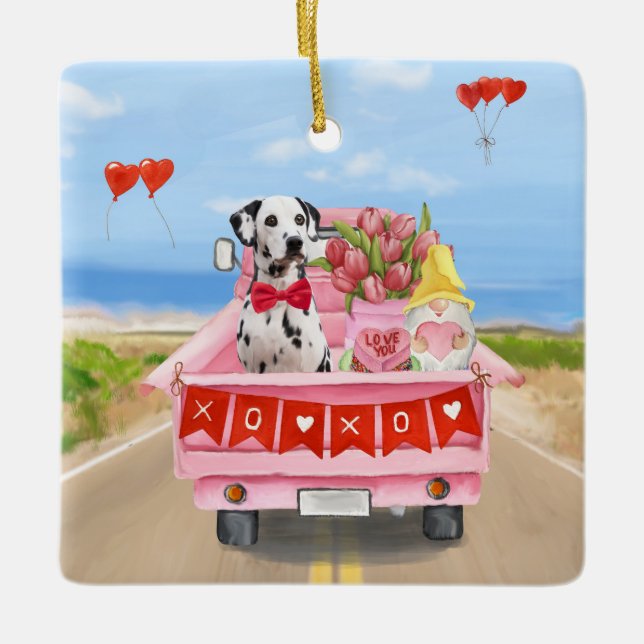 Dalmatian Dog Valentine's Day Truck Hearts Ceramic Ornament (Front)