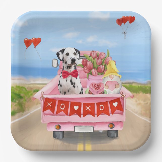 Dalmatian Dog Valentine's Day Truck Hearts Paper Plates (Front)