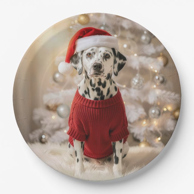 Dalmatian Dog Wearing a Red Christmas Sweater Paper Plates (Front)
