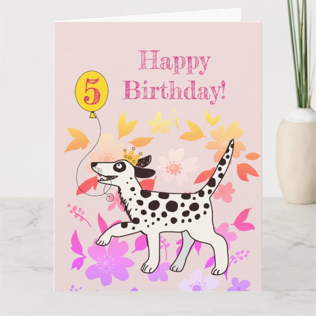 Dalmatian dog wishes happy fifth birthday! card (Front)