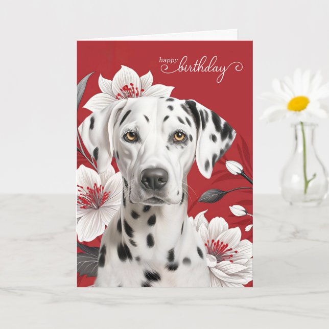 Dalmatian Dog with White Lilies on Red Birthday Card (Small Plant)