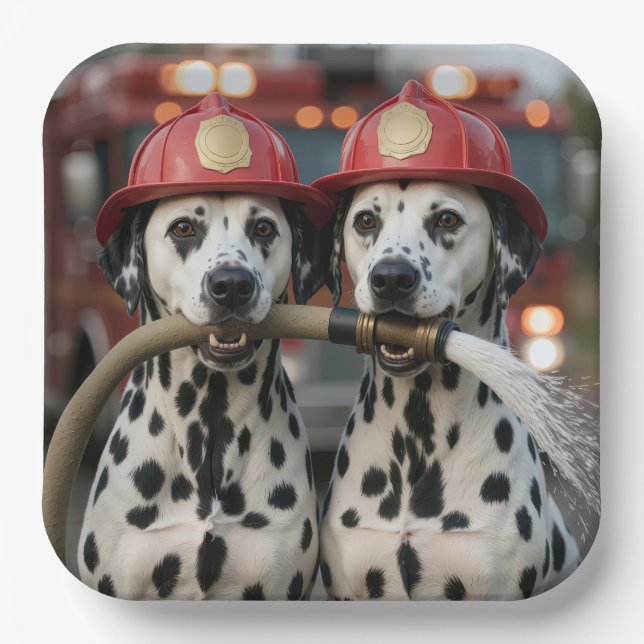 Dalmatian Dogs Holding a Fireman Hose Paper Plates (Front)