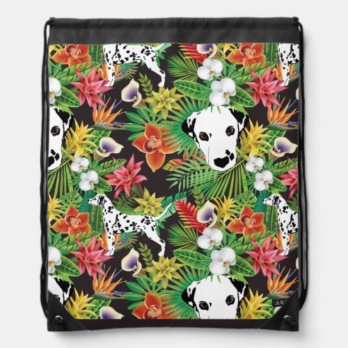 Dalmatian Dogs Tropical Floral Flower Jungle  Drawstring Bag