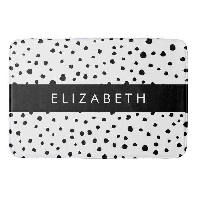 Dalmatian Dots, Spots, Black and White, Your Name Bath Mat (Front)