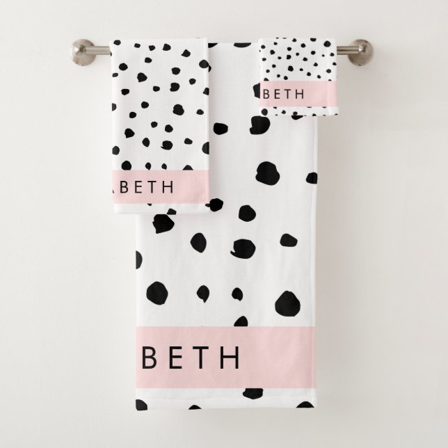 Dalmatian Dots, Spots, Black and White, Your Name Bath Towel Set (Insitu)