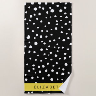 Dalmatian Dots, Spots, Black and White, Your Name Beach Towel
