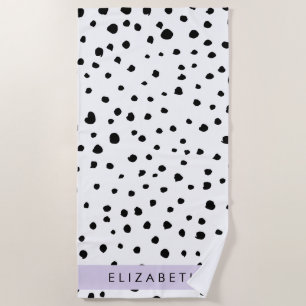 Dalmatian Dots, Spots, Black and White, Your Name Beach Towel