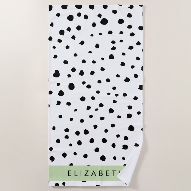 Dalmatian Dots, Spots, Black and White, Your Name Beach Towel (Front)
