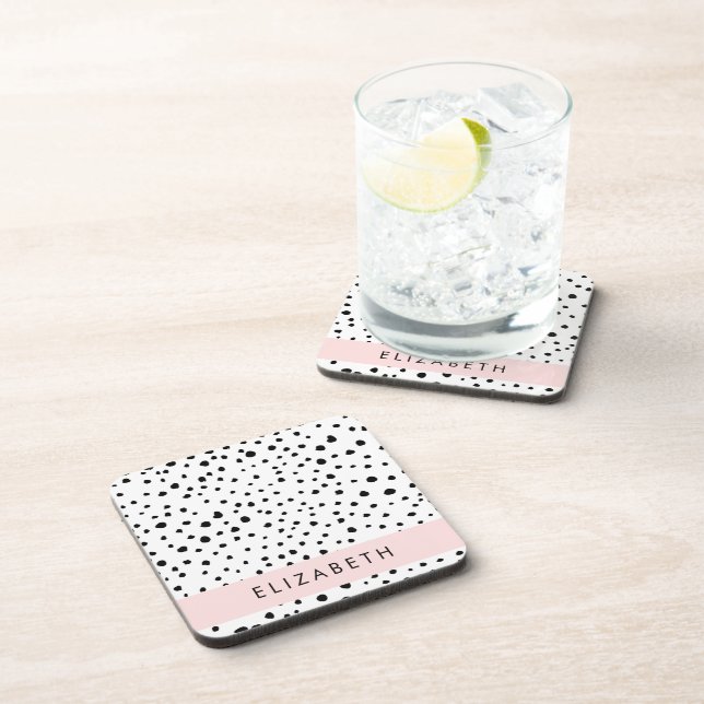 Dalmatian Dots, Spots, Black and White, Your Name Beverage Coaster (Right Side)