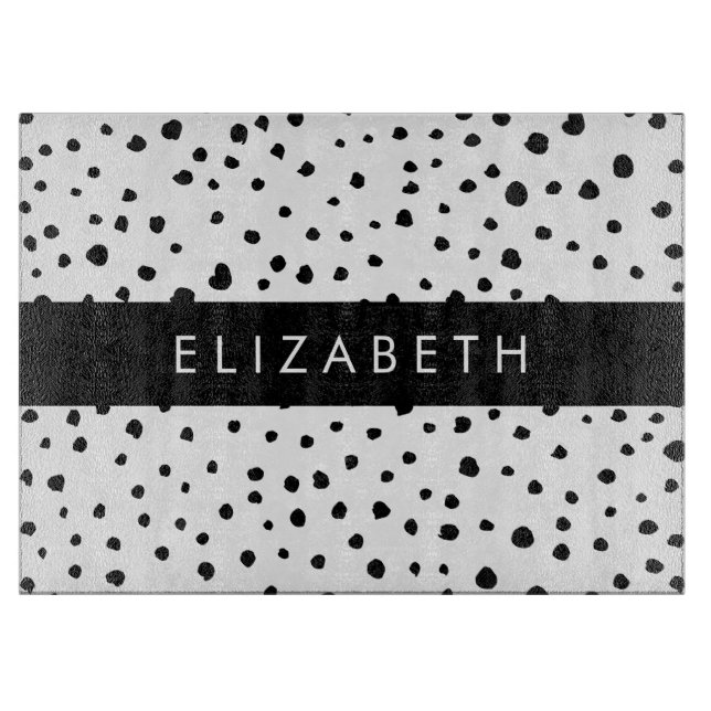 Dalmatian Dots, Spots, Black and White, Your Name Cutting Board (Front)