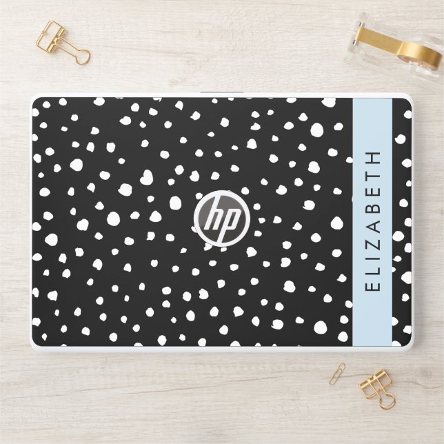 Dalmatian Dots, Spots, Black and White, Your Name HP Laptop Skin (Desk)