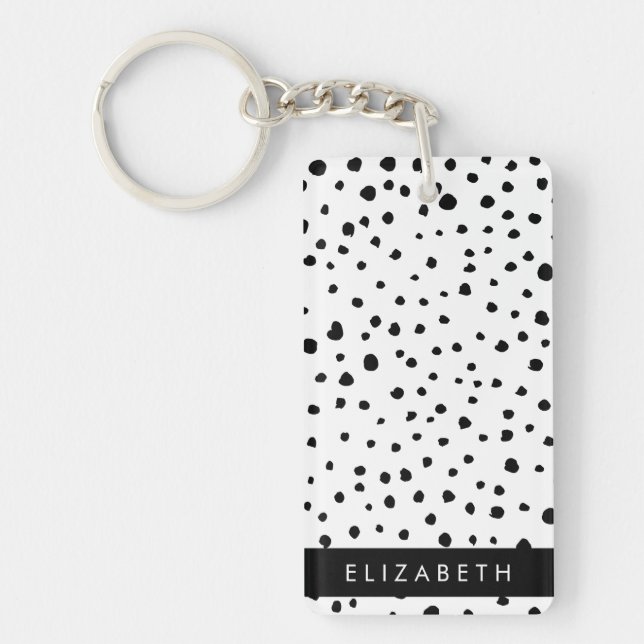 Dalmatian Dots, Spots, Black and White, Your Name Keychain (Front)